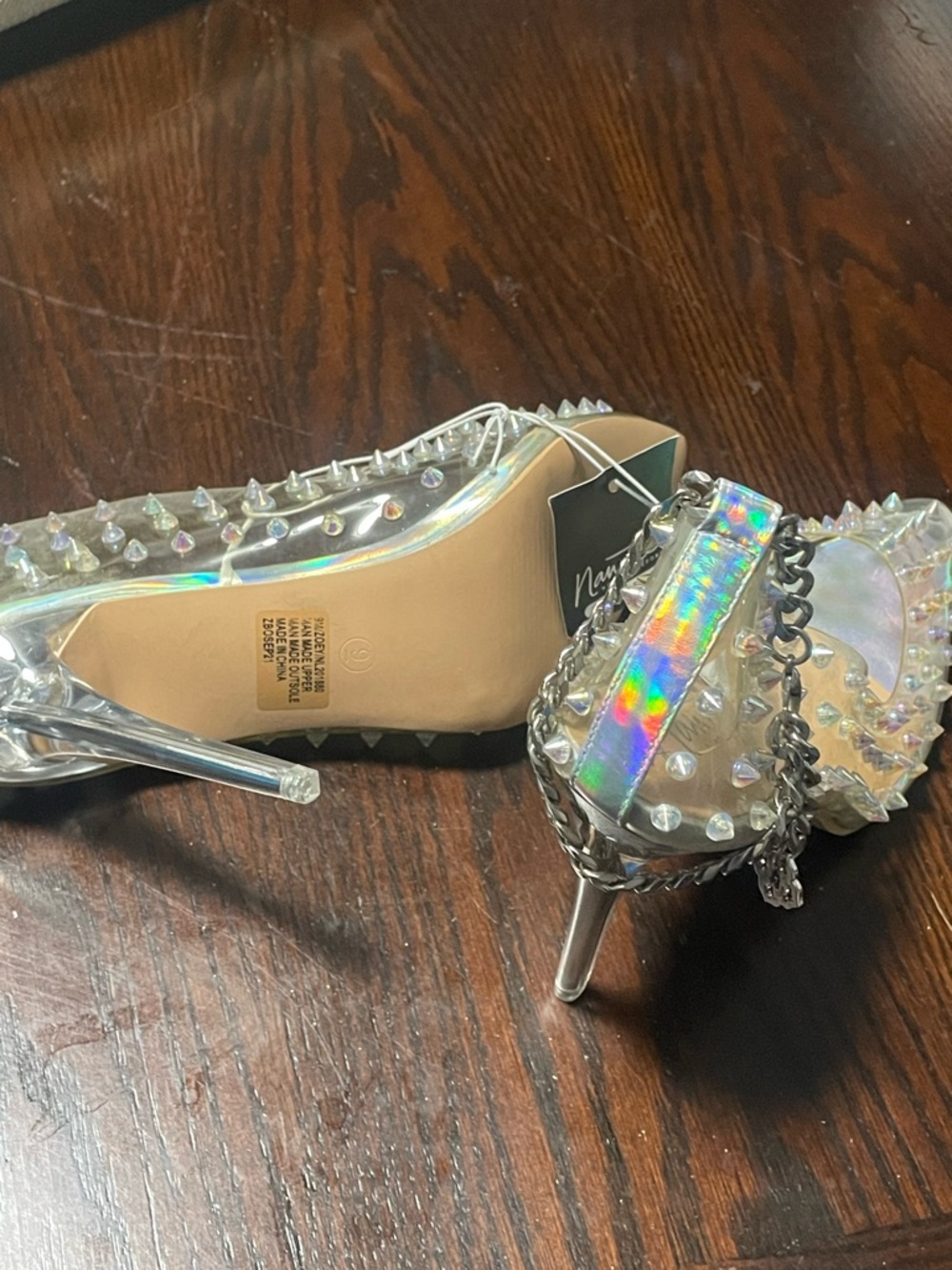 Clear Pointed Spike-Stud Heels with Chain Ankle Strap - Iridescent - Picture 4 of 4